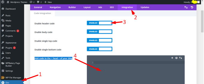 Javascript toevoegen aan Wordpress Divi Enable header codes Javascript toevoegen aan Wordpress Divi Enable header codes